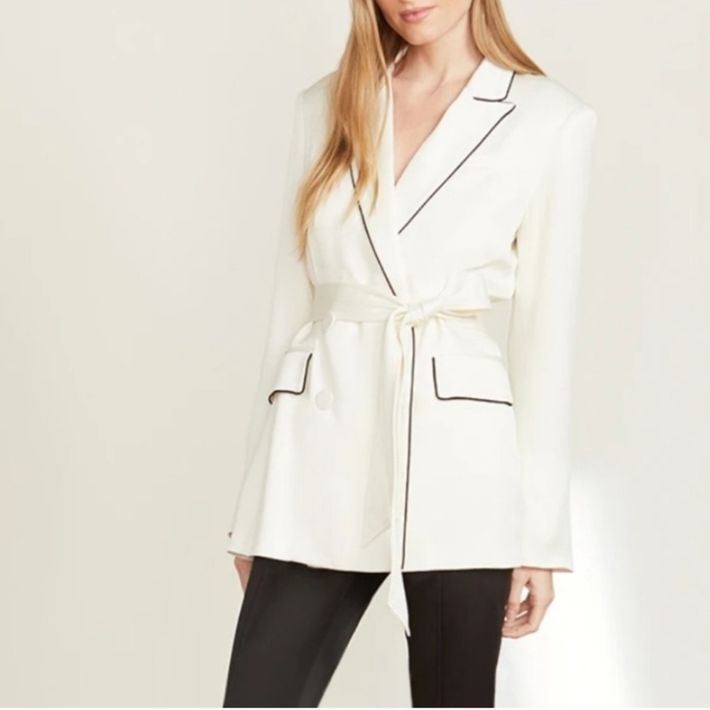 VERONICA BEARD Eiza Ivory Cream White Black Piping Double Breasted Satin Blazer